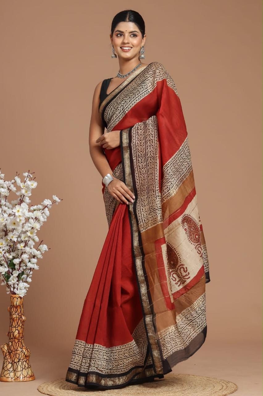 Hand-block printed Maheshwari silk saree